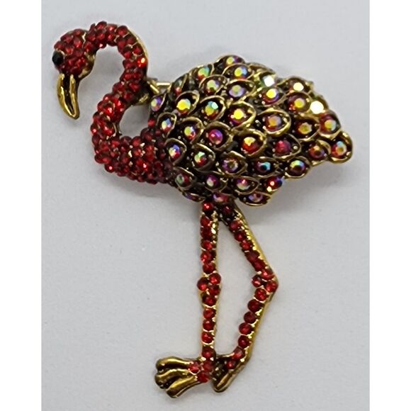 Dramatic Red Flamingo Rhinestones on Gold Tone Metal Tropical Bird - Picture 1 of 4